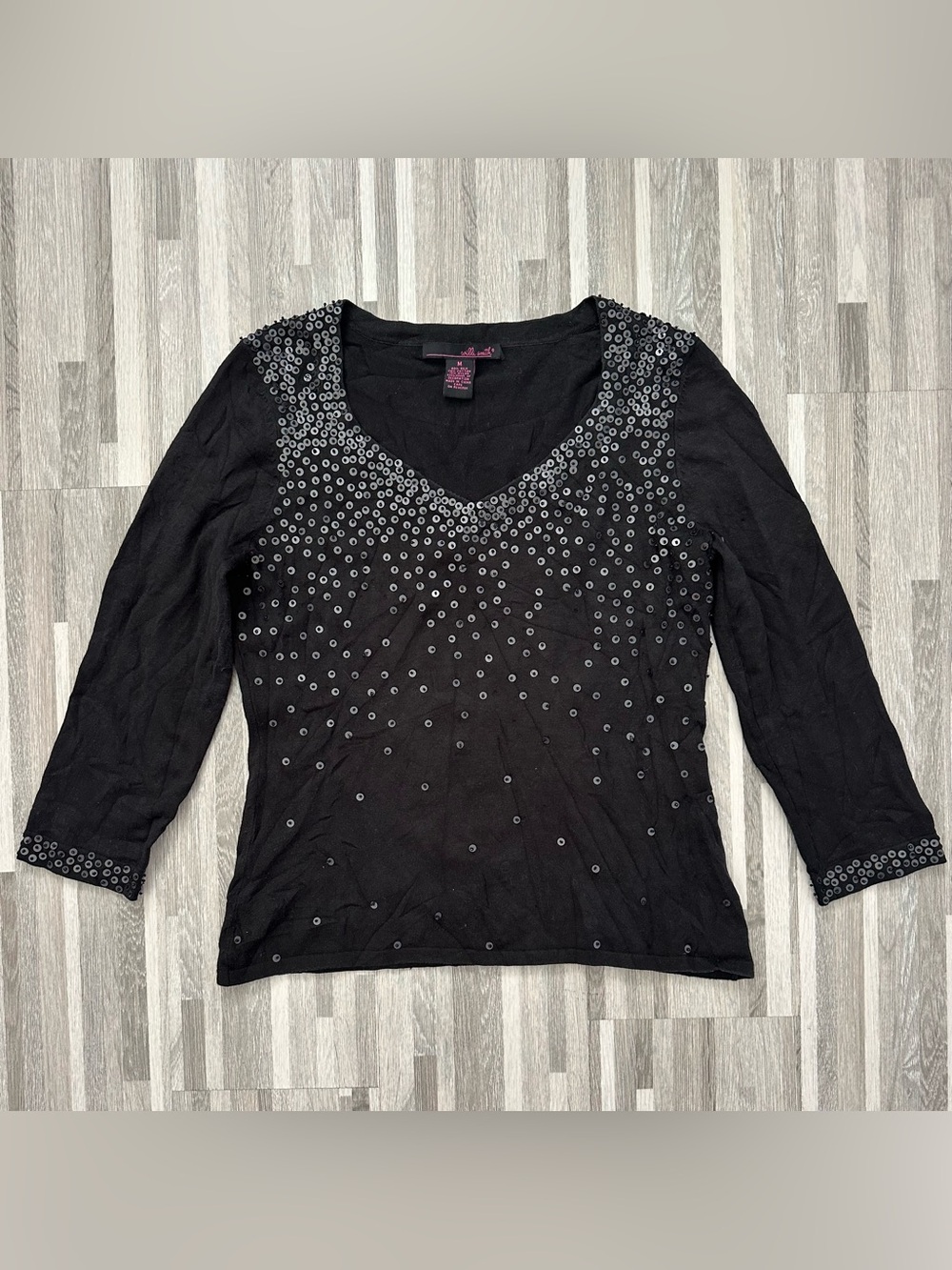 Blouse Vintage Black Sequined Willi Smith Size M, 3/4 Sleeve, Y2K Party Style